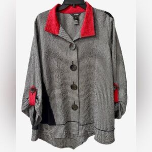 Ali Miles Textured Button-Front Tunic Top Women’s Large–Black/White Check NWOT